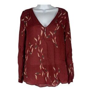 Massimo Dutti Red Feather Print Long Sleeve V-Neck Blouse Size 6